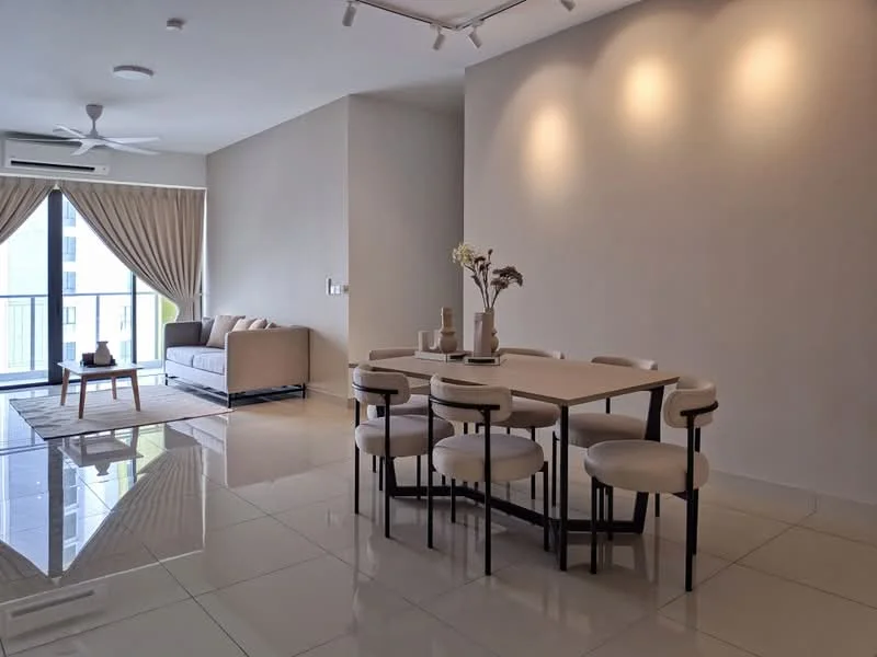 Dining features: 6-seater dining table, upholstered dining chairs, neutral colour scheme, decorative vases on table, floor-to-ceiling windows, curtains, polished tile flooring, recessed downlights; style: modern; view: city. Living features: 3-seater fabric sofa in beige, area rug, coffee table, floor-to-ceiling windows, curtains, neutral colour scheme, recessed downlights; style: modern; view: city.