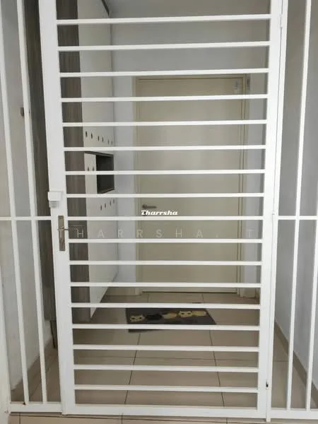 Room features: metal security gate, white painted walls, cream tiled flooring, door with mail slot, doormat; style: modern.