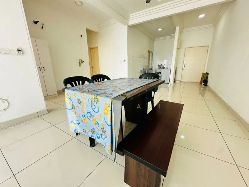 Dining features: dining table with tablecloth, 4 black plastic chairs, white tiled flooring, white painted walls, recessed ceiling lights, open layout to kitchen, kitchen area visible in background, wall-mounted electrical outlets; style: modern.