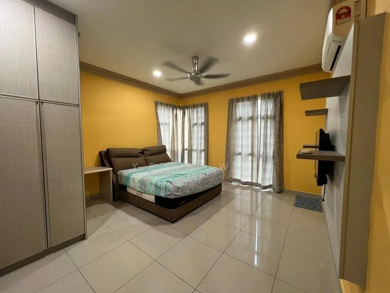 Bedroom features: queen-size bed with upholstered headboard, 2 bedside tables, built-in wardrobe with sliding doors, ceiling fan, 2 windows with sheer curtains, yellow painted walls, glossy ceramic tile flooring, wall-mounted TV, decorative wall shelf; style: modern.