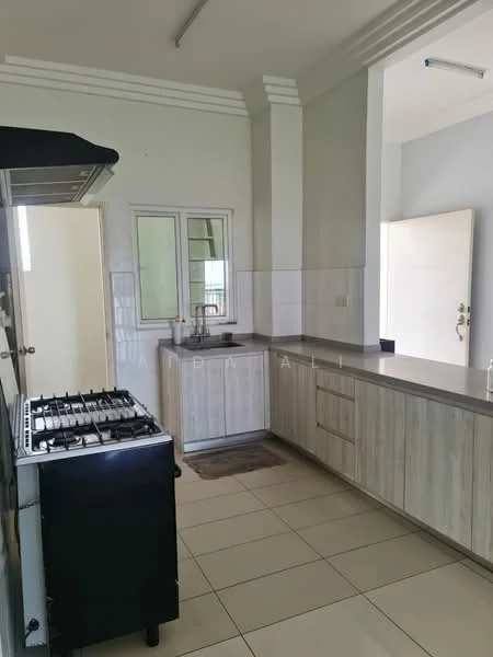 Kitchen features: light grey cabinetry, stainless-steel gas range with oven, black countertop, white tiled backsplash, double-bowl stainless-steel sink, window above sink, cream painted walls, tile flooring, recessed ceiling with crown moulding, kitchen island, built-in cabinets, neutral color scheme; style: modern.