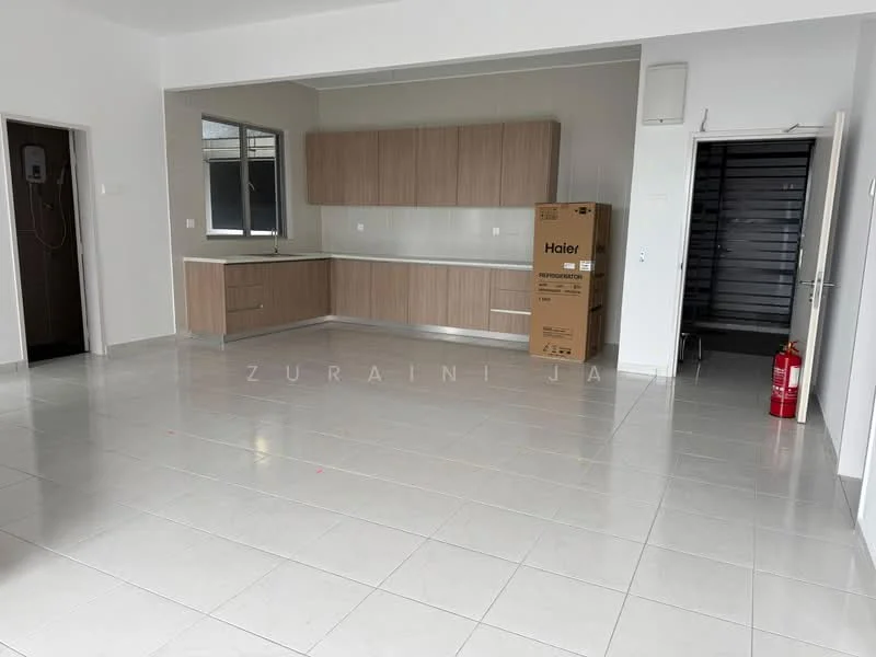 Kitchen features: white painted walls, light grey tiled flooring, laminate cabinetry in light wood finish, single-bowl stainless-steel sink, chrome pull-down faucet, countertop with space for appliances, window with no visible treatments, open layout connecting to living area; style: modern. Room features: light grey tiled flooring, white painted walls, doorway leading to hallway, fire extinguisher visible.