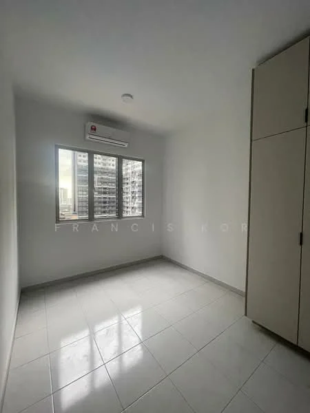 Room features: white painted walls, glossy ceramic tile flooring, floor-to-ceiling windows, 1 wall-mounted split AC, built-in wardrobe, ceiling light, neutral color scheme; style: modern; view: city.