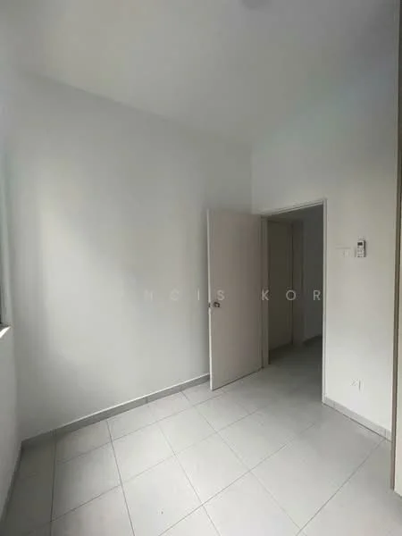 Room features: white painted walls, grey tiled flooring, single door, double door, window with natural light.