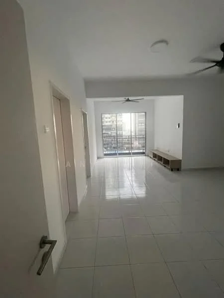 Living features: white painted walls, glossy white tile flooring, 2 ceiling fans, floor-to-ceiling windows, sliding glass door, balcony access, neutral color scheme, built-in TV console; style: modern; view: city.