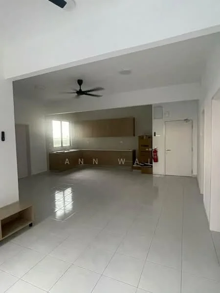 Living features: white painted walls, glossy white tile flooring, 5-blade ceiling fan, large windows with natural light, built-in cabinetry, open layout, fire extinguisher, door with handle, wall-mounted intercom, no visible furniture; style: modern.