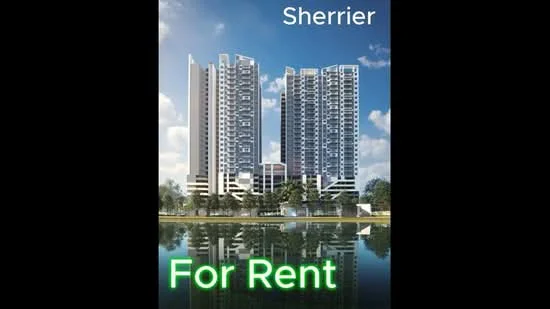 Exterior type: high-rise condominium; features: glass curtain wall, projecting balconies, manicured lawn, surrounded by greenery, waterfront view, multiple towers, modern architectural design; style: modern.