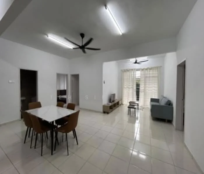 Living features: white painted walls, glossy ceramic tile flooring, 5-blade ceiling fan with light, sofa in light grey, TV console, wall-mounted TV, curtains, large windows, area rug, decorative wall clock; style: modern. Dining features: dining table with white top, 6 brown upholstered dining chairs, ceiling lights, open layout, neutral color scheme; style: modern.