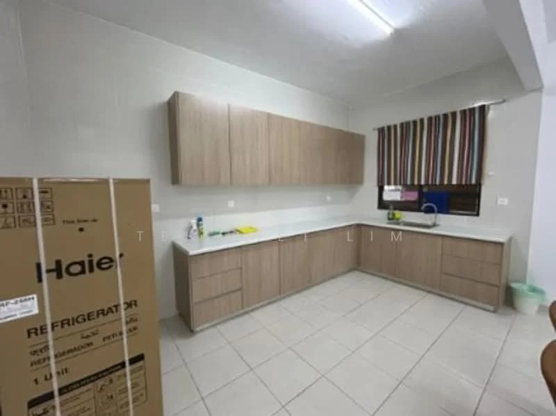 Kitchen features: light grey painted walls, white countertop, laminate cabinetry in light wood finish, single-bowl stainless-steel sink, chrome pull-down faucet, built-in refrigerator, ceramic tile flooring, window with striped curtain, LED ceiling lights; style: modern.