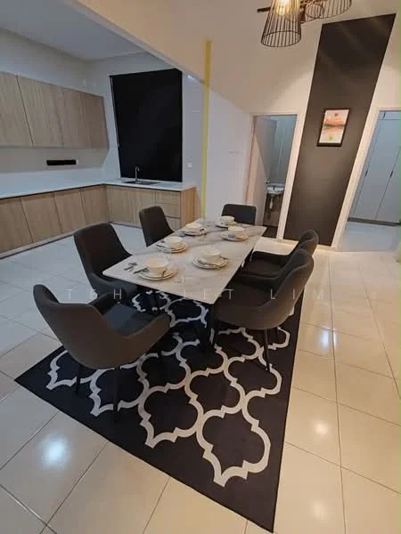 Dining features: 6-seater dining table, upholstered dining chairs, area rug with geometric pattern, white walls, cream cabinetry, black accent wall, pendant light fixture, tile flooring; style: modern. Kitchen features: white cabinetry, countertop with integrated sink, built-in appliances, tile flooring; style: modern.