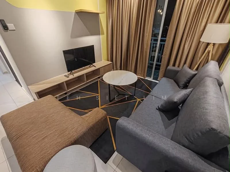 Living features: 3-seater fabric sofa in grey, sectional sofa, coffee table, TV console, wall-mounted TV, area rug with geometric pattern, floor lamp, curtains in beige, white painted walls, tile flooring; style: modern.