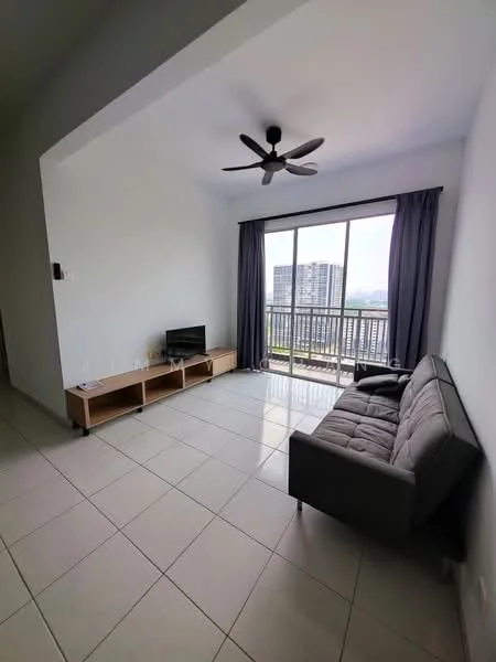 Living features: grey fabric sofa, TV console, wall-mounted TV, floor-to-ceiling windows, sliding glass door, curtains, 5-blade ceiling fan, white painted walls, tile flooring, decorative wall, area rug; style: modern; view: city.