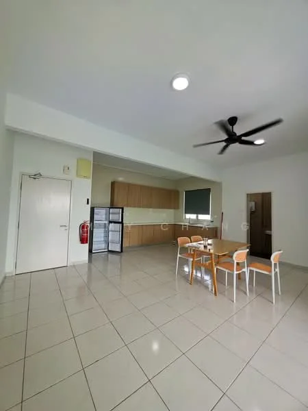 Dining features: white painted walls, glossy tile flooring, ceiling fan, dining table with four chairs, built-in cabinetry, refrigerator, fire extinguisher on wall, door leading to hallway; style: modern.