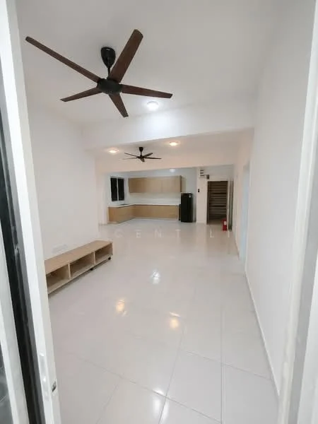 Living features: white painted walls, polished ceramic tile flooring, 5-blade ceiling fan, recessed downlights, open kitchen layout, built-in cabinetry, black refrigerator, staircase visible, large windows, neutral color scheme, wall-mounted TV console; style: modern.