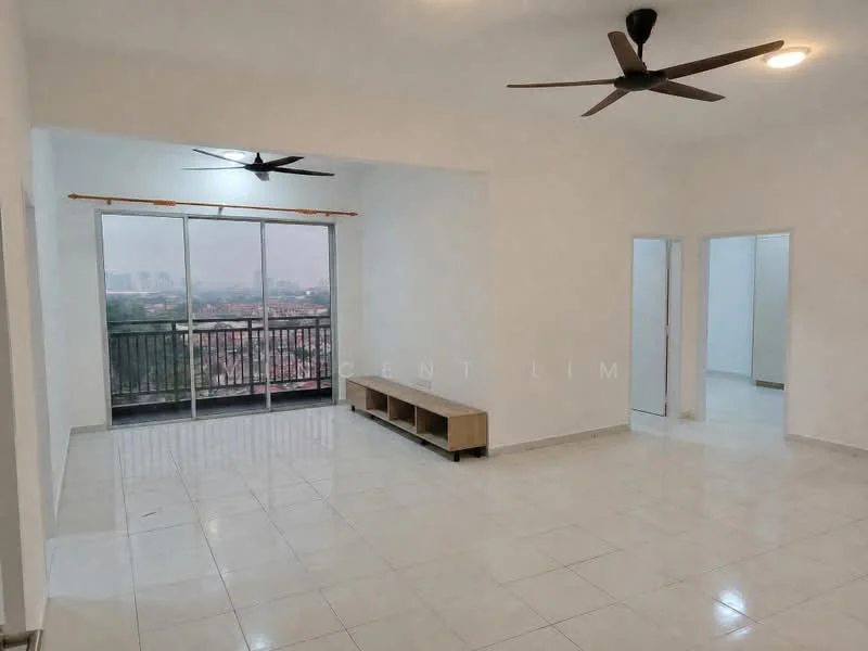 Living features: white painted walls, glossy ceramic tile flooring, 5-blade ceiling fan, floor-to-ceiling sliding glass door, balcony access, built-in wooden console, natural light from large windows, neutral color scheme; style: modern; view: city. Room features: white painted walls, glossy ceramic tile flooring, doorway leading to other rooms.
