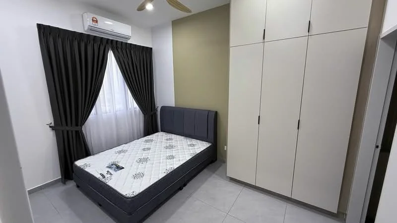 Bedroom features: queen-size bed with grey upholstered headboard, white mattress with patterned bedding, built-in wardrobe with light-colored doors, floor-to-ceiling window with sheer curtains, dark grey curtain, 1 wall-mounted split AC unit, light grey tiled flooring, accent wall in olive green; style: modern.