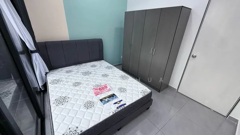 Bedroom features: queen-size bed, grey upholstered bed frame, mattress with floral pattern, built-in wardrobe with grey finish, light grey tiled flooring, light blue accent wall, white walls, floor-to-ceiling windows with sheer curtains; style: modern.