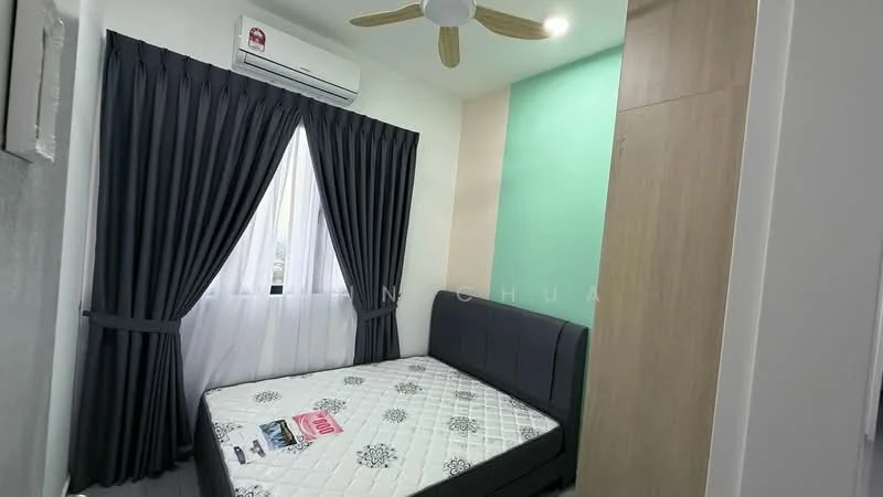 Bedroom features: queen-size bed, upholstered headboard, floor-to-ceiling window, blackout curtains, white sheer curtains, 1 wall-mounted split AC, green accent wall, light grey painted walls, laminate flooring, decorative wall paneling, bedside area with magazines; style: modern.