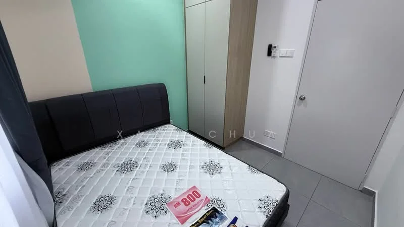 Bedroom features: queen-size bed, upholstered headboard, grey bed frame, white mattress, green accent wall, light grey walls, built-in wardrobe, grey tiled flooring, window with sheer curtains, decorative wall art, nightstand with magazines; style: modern.