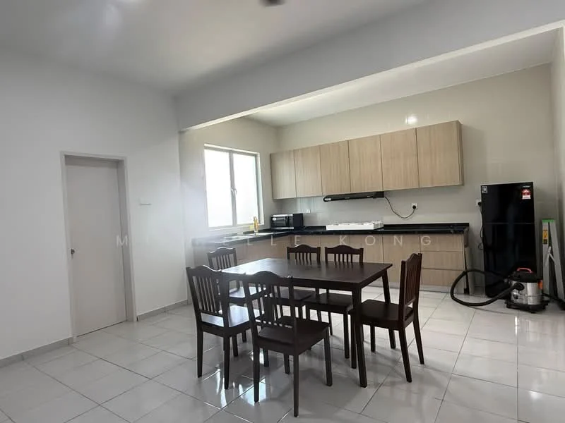 Dining features: 6-seater dining table, wooden dining chairs, light grey tiled flooring, white painted walls, large window with natural light, kitchen cabinetry in light wood, black countertop, built-in microwave, stainless-steel fridge, vacuum cleaner, wall-mounted kitchen shelf; style: modern.