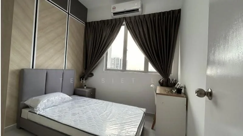 Bedroom features: queen-size bed with upholstered headboard, white bedding, wooden bedside table, table lamp, floor-to-ceiling window, grey curtains, wall-mounted air conditioning unit, light wood accent wall, white painted walls, built-in wardrobe; style: modern; view: city.
