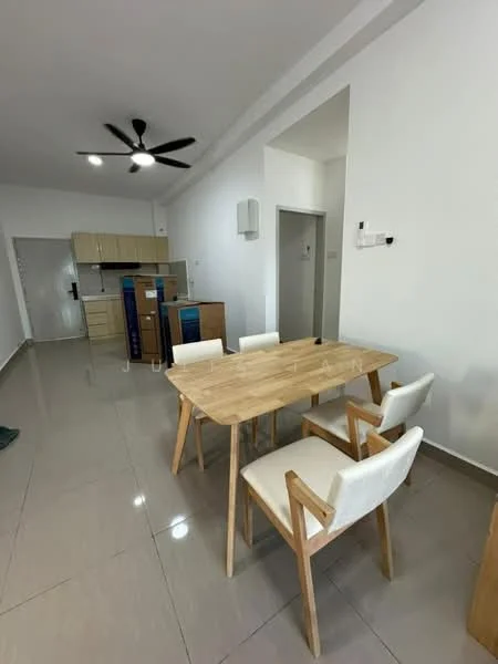 Dining features: dining table with wooden legs, 4 upholstered dining chairs, white walls, grey tiled flooring, ceiling fan with light, open layout to kitchen, refrigerator, kitchen cabinetry, wall-mounted air conditioning unit; style: modern. Kitchen features: kitchen cabinetry, refrigerator, grey tiled flooring; style: modern.
