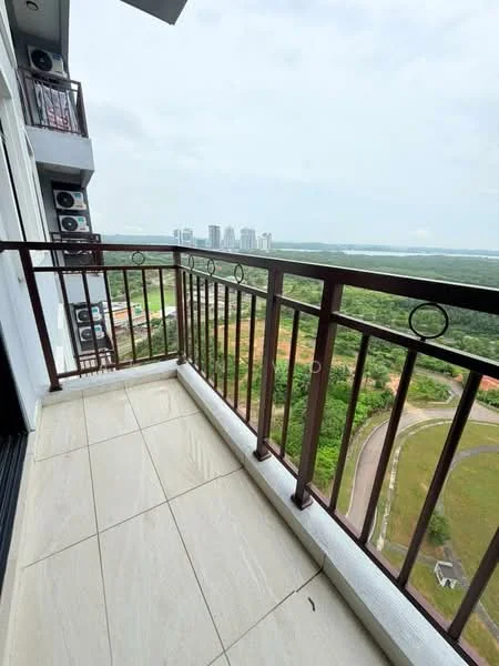 Room features: balcony with metal railing, ceramic tile flooring, view of greenery, city skyline in distance, 2 wall-mounted split AC units; view: city.
