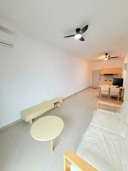 Living features: white painted walls, tile flooring, 5-blade ceiling fan with light, 2-blade ceiling fan, sofa with light upholstery, wooden coffee table, TV console, dining table with chairs, air conditioning unit; style: modern.