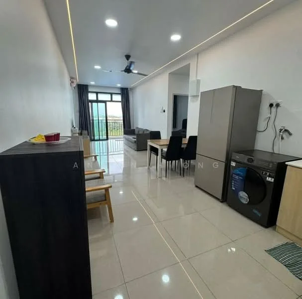 Living features: white painted walls, glossy tile flooring, 5-blade ceiling fan with light, floor-to-ceiling windows, sliding glass door, black dining table with six chairs, grey sofa, refrigerator, washing machine, wooden sideboard, decorative wall art, curtains, area rug; style: modern; view: city.