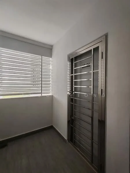 Room features: white painted walls, grey laminate flooring, sliding glass door with metal grille, horizontal slatted window treatments, natural light from window, corner space, minimalist design; style: modern.