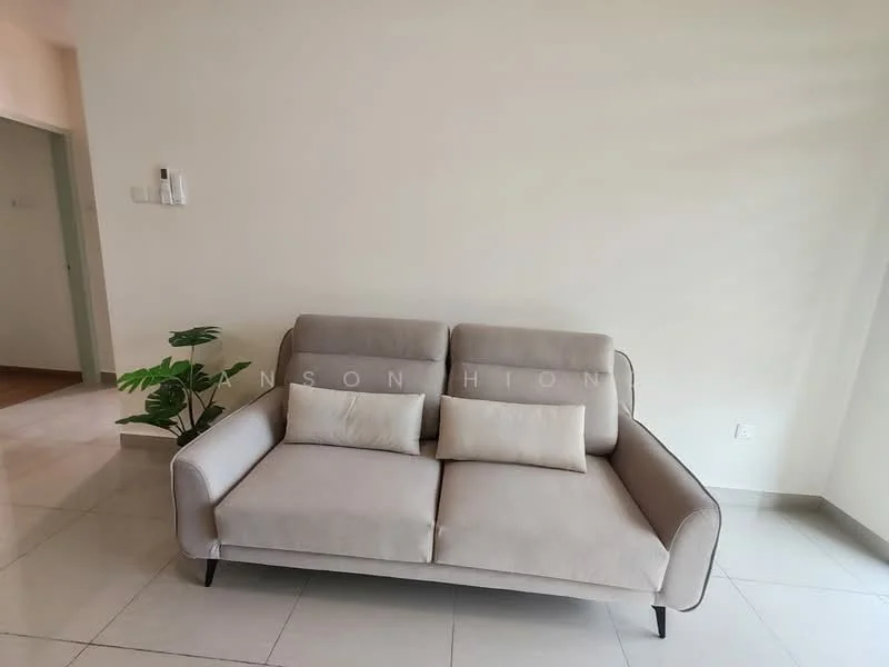 Living features: beige fabric 3-seater sofa, two beige cushions, white walls, light-colored tiled flooring, indoor plant in ceramic pot, natural light from window, minimalist decor; style: modern.