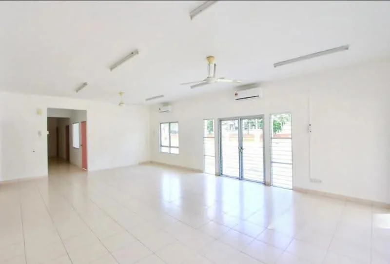 Living features: white painted walls, ceramic tile flooring, 2 ceiling fans, 2 wall-mounted split AC units, floor-to-ceiling windows, sliding glass door, natural light, open layout; style: modern; view: garden.