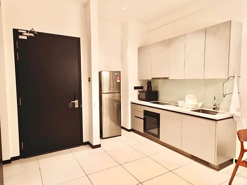 Kitchen features: stainless-steel fridge, built-in oven, 4-burner gas hob, stainless-steel range hood, white cabinetry, grey countertop, white ceramic sink, black faucet, tile flooring, recessed downlights, wall-mounted microwave, dish rack, kitchen utensils, black door; style: modern.
