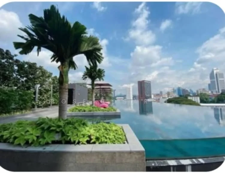Exterior type: swimming pool deck; features: infinity pool, landscaped garden with tropical plants, palm trees, city skyline view, pool deck with loungers, stone-paved walkway; style: modern.