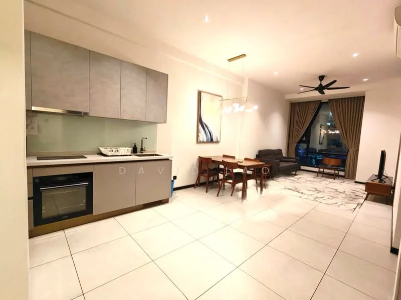 Kitchen features: grey cabinetry, white countertop, built-in oven, stainless-steel sink, chrome pull-down faucet, ceramic tile flooring, green backsplash, recessed downlights; style: modern. Living features: 3-seater fabric sofa in grey, wooden coffee table, TV console, wall-mounted TV, area rug with geometric pattern, ceiling fan with light, large window with city view, dining table with 4 chairs; style: modern; view: city.