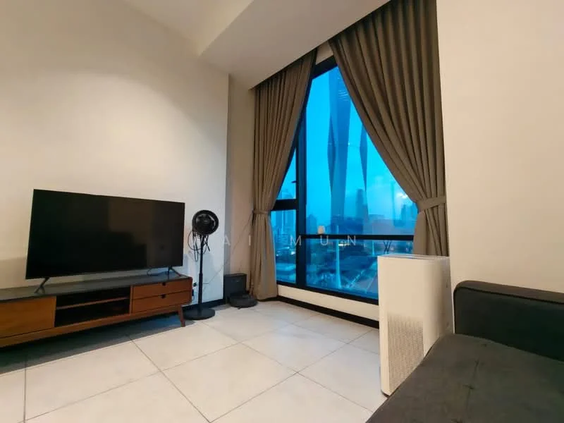 Living features: floor-to-ceiling windows, grey curtains, light-coloured walls, white tiled flooring, black flat-screen TV, wooden TV console, black floor lamp, white air purifier, dark sofa, city skyline view; style: modern; view: city.