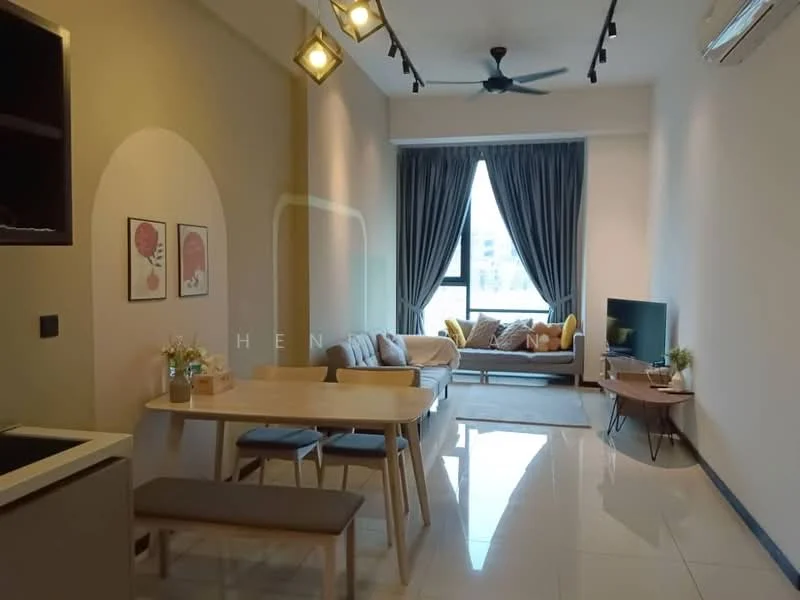 Living features: floor-to-ceiling windows, grey curtains, 3-seater fabric sofa in light grey, wooden coffee table, TV console, wall-mounted TV, area rug, dining table with 4 chairs, ceiling fan with light, recessed downlights, white painted walls, glossy tile flooring; style: modern; view: city. Kitchen features: white cabinetry, black countertop, stainless-steel sink, built-in appliances, open shelving; style: modern.