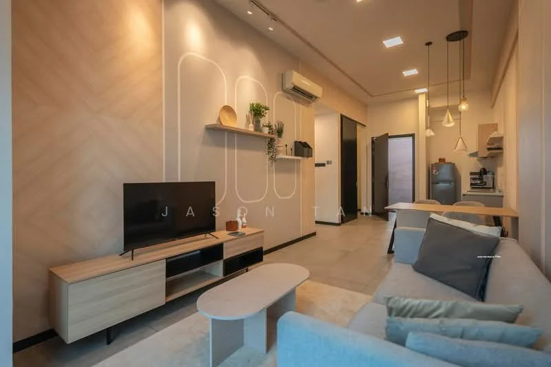 Living features: light grey fabric sofa, wooden coffee table, TV console in light wood, wall-mounted TV, recessed ceiling lights, pendant lights, air conditioning unit, decorative wall shelves, cream painted walls, light grey tile flooring, black door, open kitchen area visible; style: modern.