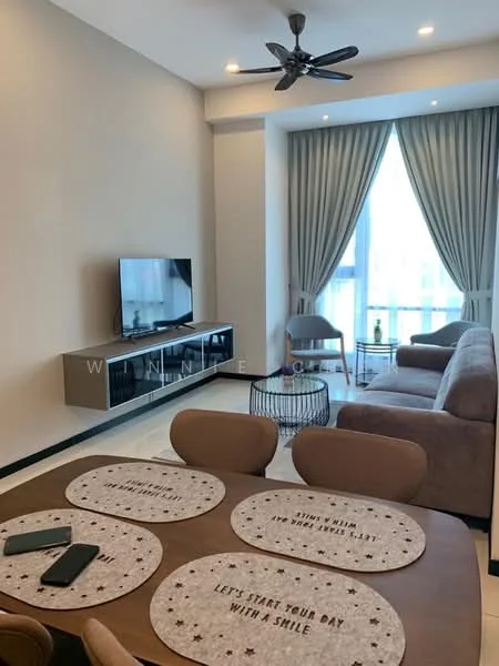 Living features: 3-seater fabric sofa in brown, coffee table, TV console, wall-mounted TV, area rug, floor-to-ceiling windows, sheer curtains, ceiling fan, decorative wall panel, light-colored walls, black and white tiled flooring; style: modern; view: city.