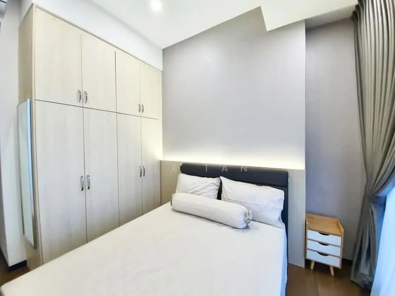 Bedroom features: queen-size bed, upholstered headboard, built-in wardrobe with light wood finish, bedside table with drawer, grey accent wall, white bedding, floor-to-ceiling window with grey curtains, recessed lighting; style: modern.
