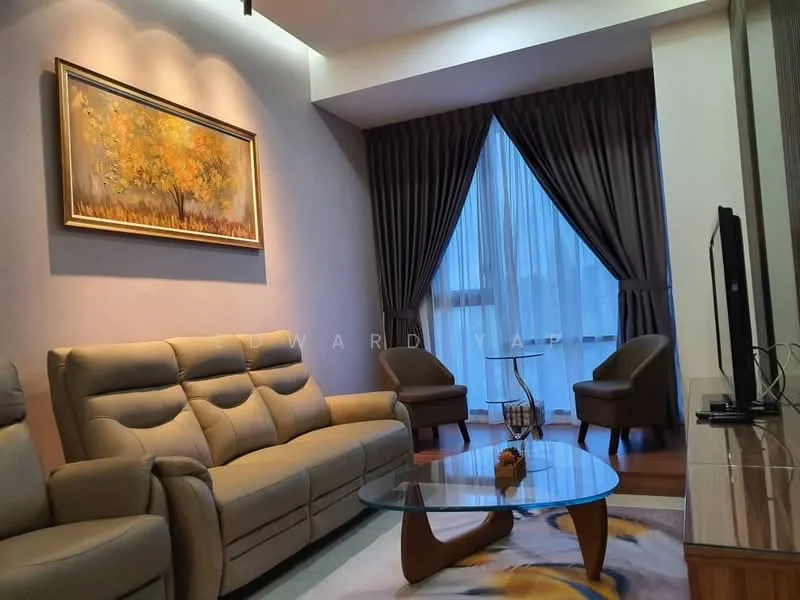 Living features: 3-seater fabric sofa in beige, 2 armchairs in beige, glass coffee table, framed artwork with autumn scene, floor-to-ceiling windows with sheer curtains, wooden flooring, recessed downlights, decorative vase on coffee table, area rug with abstract pattern, TV console with wall-mounted TV; style: modern; view: city.