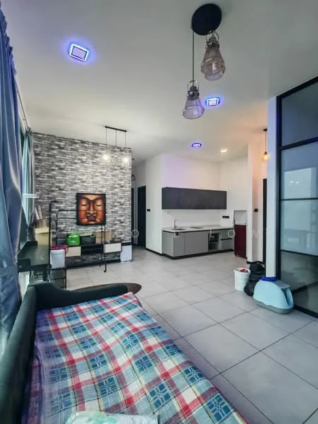 Living features: grey accent wall, white painted walls, tile flooring, recessed downlights, pendant light fixtures, sofa with plaid upholstery, framed artwork, open kitchen area, kitchen cabinets, countertop, sink, refrigerator, decorative plants; style: modern.