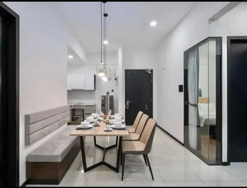 Dining features: rectangular dining table, upholstered dining chairs, grey upholstered bench seating, white walls, recessed downlights, pendant lighting, tile flooring, glass door leading to another room, kitchen area visible in background, wall-mounted intercom, black door, open layout; style: modern.