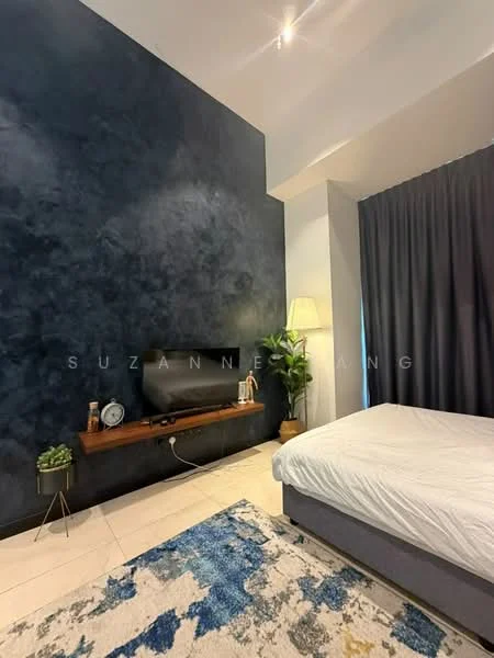 Bedroom features: blue accent wall, white painted walls, queen-size bed with white bedding, wooden bed frame, wall-mounted TV, wooden shelf for decor, floor lamp, curtains, area rug with geometric pattern, plant in ceramic pot, light fixtures in ceiling; style: modern.