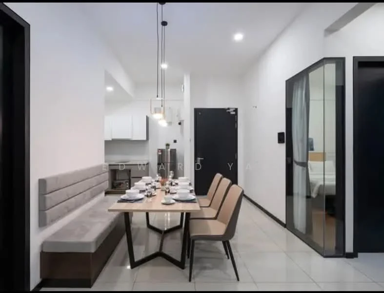 Dining features: 6-seater dining table, upholstered dining chairs, grey upholstered bench seating, white walls, recessed downlights, sliding glass door, floor-to-ceiling windows, ceramic tile flooring; style: modern. Room features: white painted walls, grey accent wall, door to hallway, door to bedroom.