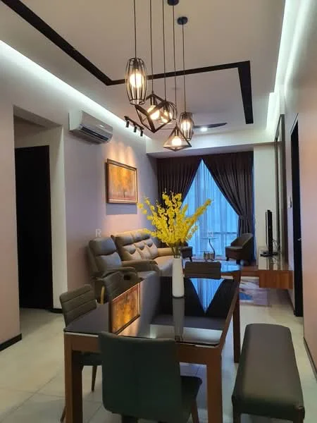 Living features: 3-seater leather sofa in grey, 2-seater leather sofa in grey, coffee table, TV console, wall-mounted TV, area rug with geometric pattern, 5-blade ceiling fan with light, recessed LED downlights, floor-to-ceiling windows with sheer curtains, decorative vase with yellow flowers, dining table with 4 chairs, bench seating; style: modern; view: city.