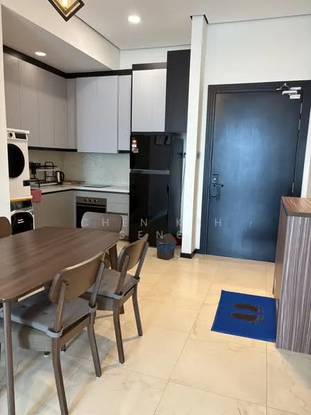 Kitchen features: grey upper cabinets, white lower cabinets, black refrigerator, built-in oven, stainless-steel sink, chrome pull-down faucet, ceramic tile flooring, recessed downlights, washing machine, kitchen countertop, dining table with chairs, door leading to hallway; style: modern.