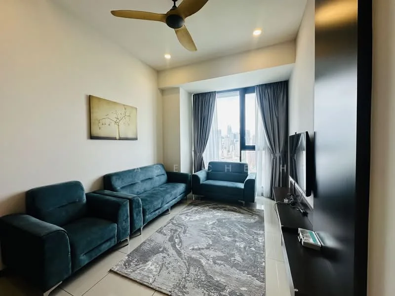 Living features: 3-seater fabric sofa in teal, 2-seater fabric sofa in teal, area rug with abstract pattern, wall-mounted TV, TV console, floor-to-ceiling windows, curtains, ceiling fan with light, light-colored walls, tile flooring; style: modern; view: city.