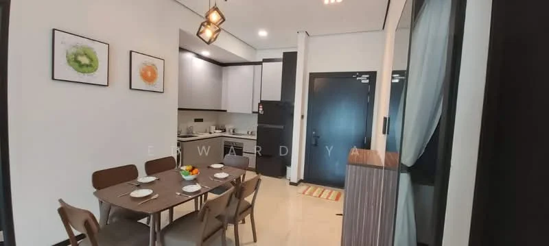 Dining features: 6-seater dining table, wooden dining chairs, white walls, recessed downlights, kitchen area visible, black door, floor-to-ceiling windows, decorative wall art, fruit bowl on table, striped area rug; style: modern. Kitchen features: white cabinetry, black appliances, stainless-steel fridge, built-in oven, 4-burner gas hob, black countertop, tile backsplash, open shelving; style: modern.