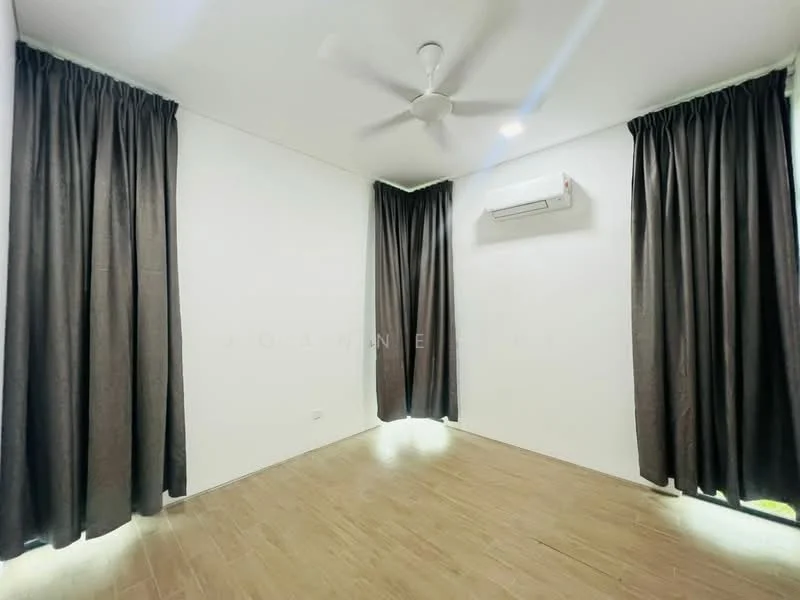Room features: wooden flooring, white painted walls, 5-blade ceiling fan, wall-mounted split AC, floor-to-ceiling windows with sheer curtains, dark brown curtains, neutral decor; style: modern; view: garden.